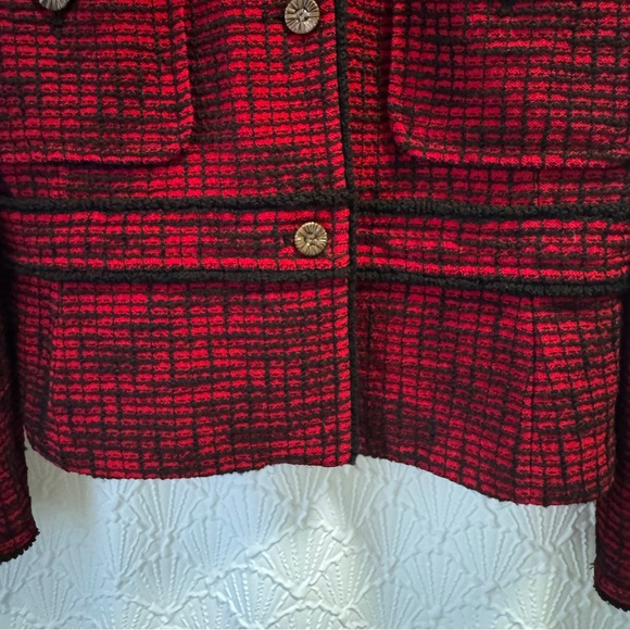 St. John Black Label Red Black Tweed Knit Button Down Blazer Jacket Size 12 USA - Picture 6 of 14